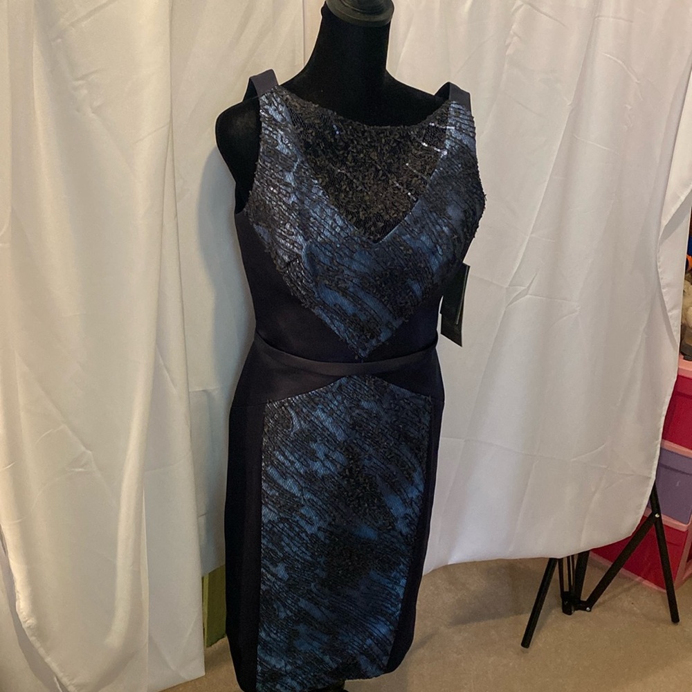 New Theia navy, black, blue flattering dress with lace. So beautiful!